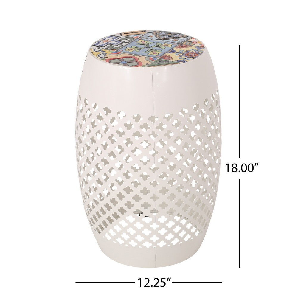 Rosie Outdoor Side Table, White Iron, Lace Cut Drum Structure, 12 Inch