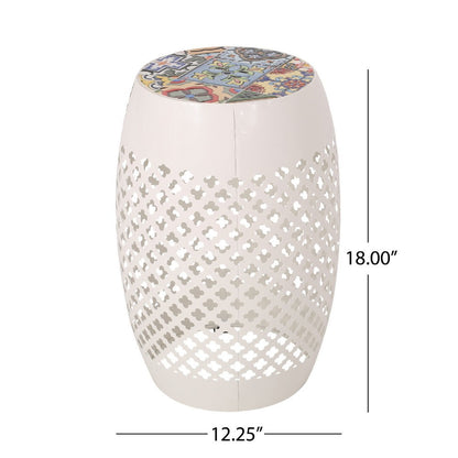 Rosie Outdoor Side Table, White Iron, Lace Cut Drum Structure, 12 Inch