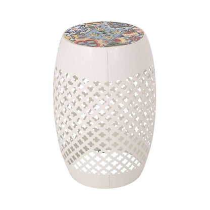 Rosie Outdoor Side Table, White Iron, Lace Cut Drum Structure, 12 Inch