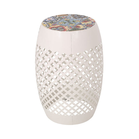 Rosie Outdoor Side Table, White Iron, Lace Cut Drum Structure, 12 Inch