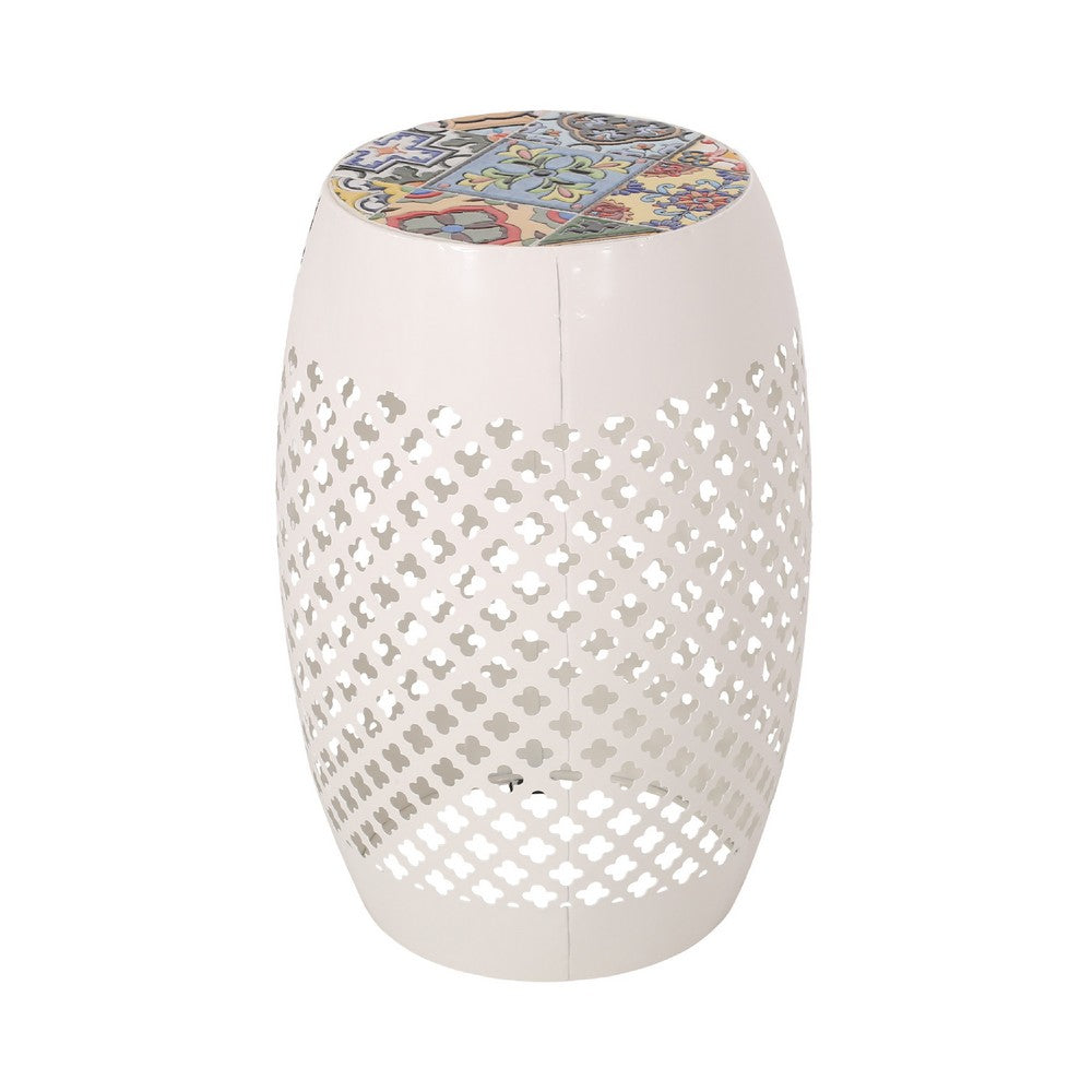 Rosie Outdoor Side Table, White Iron, Lace Cut Drum Structure, 12 Inch
