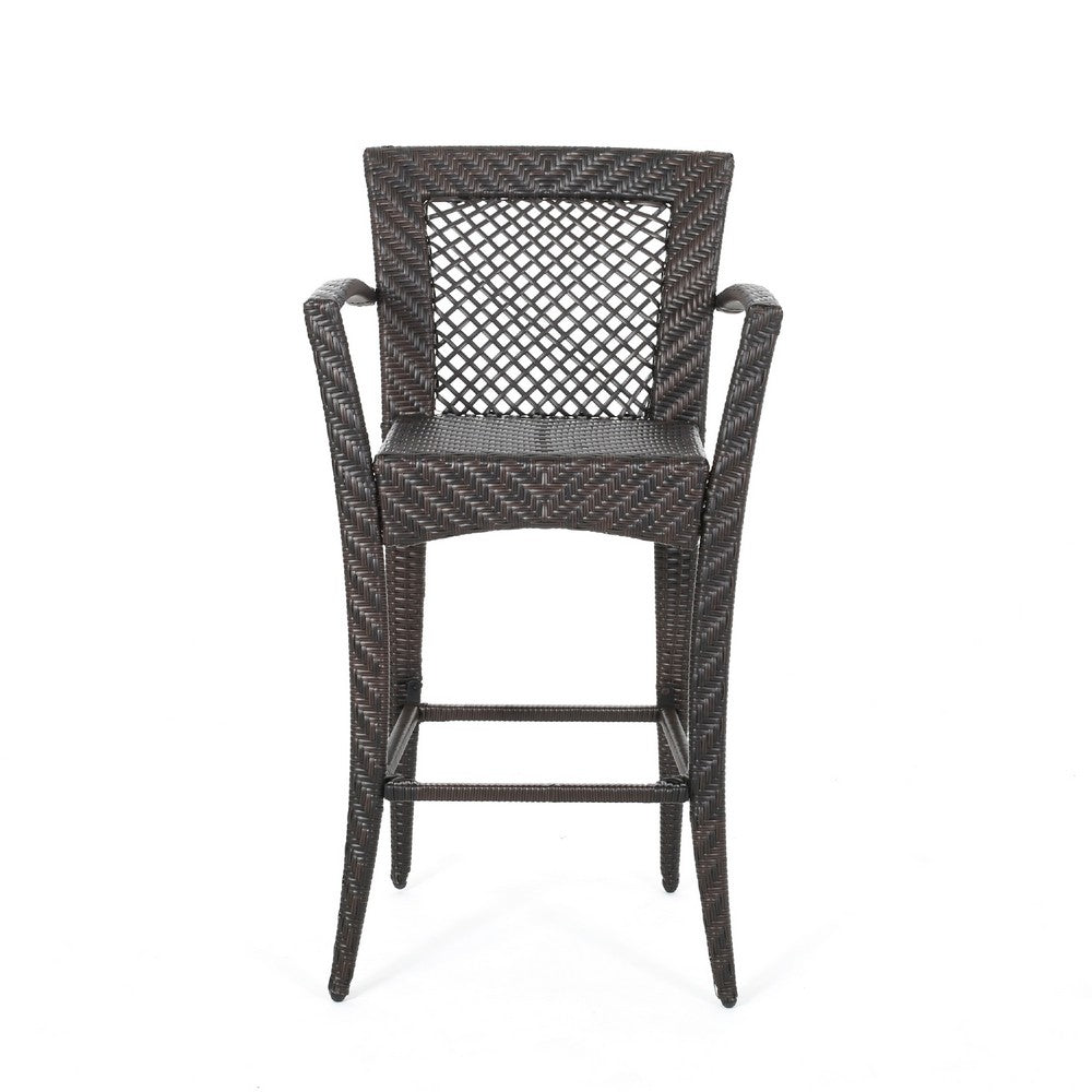 Fela Outdoor Barstool Chair Set of 2, Wicker Woven, Brown Iron Frame