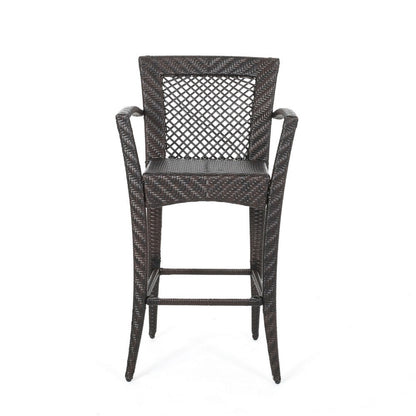Fela Outdoor Barstool Chair Set of 2, Wicker Woven, Brown Iron Frame