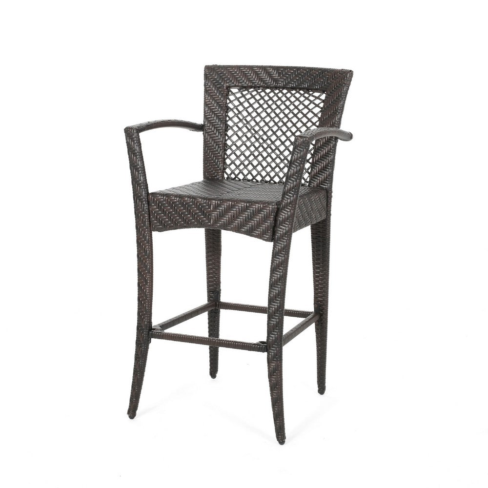 Fela Outdoor Barstool Chair Set of 2, Wicker Woven, Brown Iron Frame