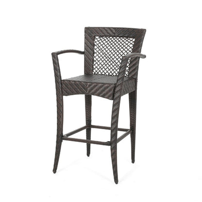 Fela Outdoor Barstool Chair Set of 2, Wicker Woven, Brown Iron Frame