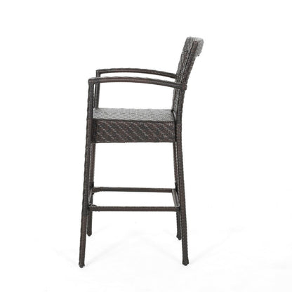 Fela Outdoor Barstool Chair Set of 2, Wicker Woven, Brown Iron Frame