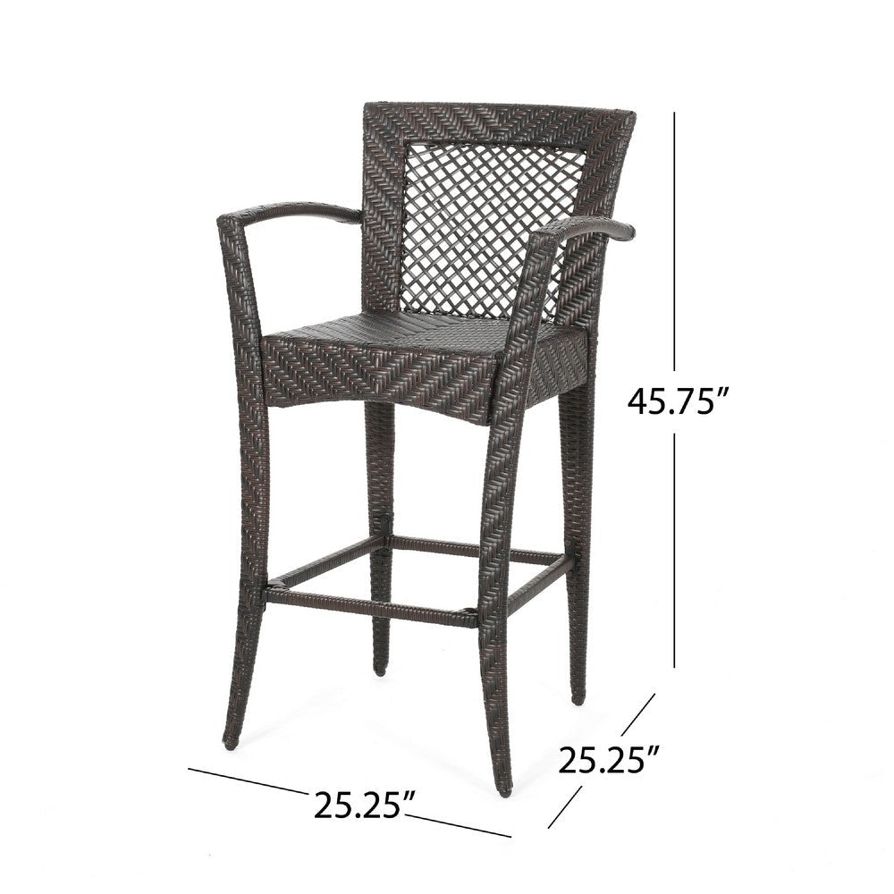 Fela Outdoor Barstool Chair Set of 2, Wicker Woven, Brown Iron Frame
