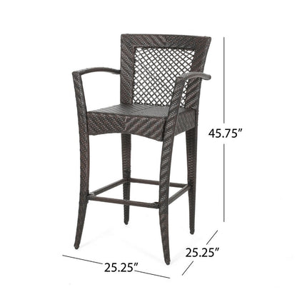 Fela Outdoor Barstool Chair Set of 2, Wicker Woven, Brown Iron Frame