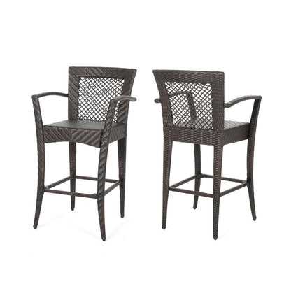 Fela Outdoor Barstool Chair Set of 2, Wicker Woven, Brown Iron Frame
