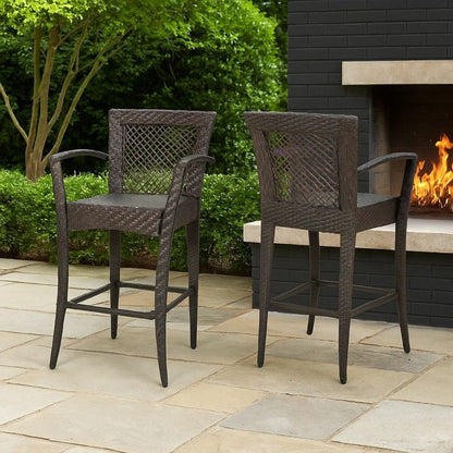Fela Outdoor Barstool Chair Set of 2, Wicker Woven, Brown Iron Frame