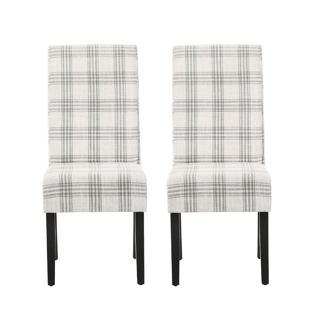 Cini Dining Side Chair Set of 2, Gray Plaid Fabric, Black Wood Legs