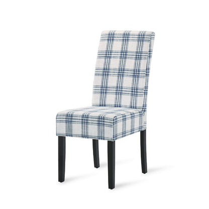 Cini Dining Side Chair Set of 2, Blue Cream Fabric, Black Wood Legs