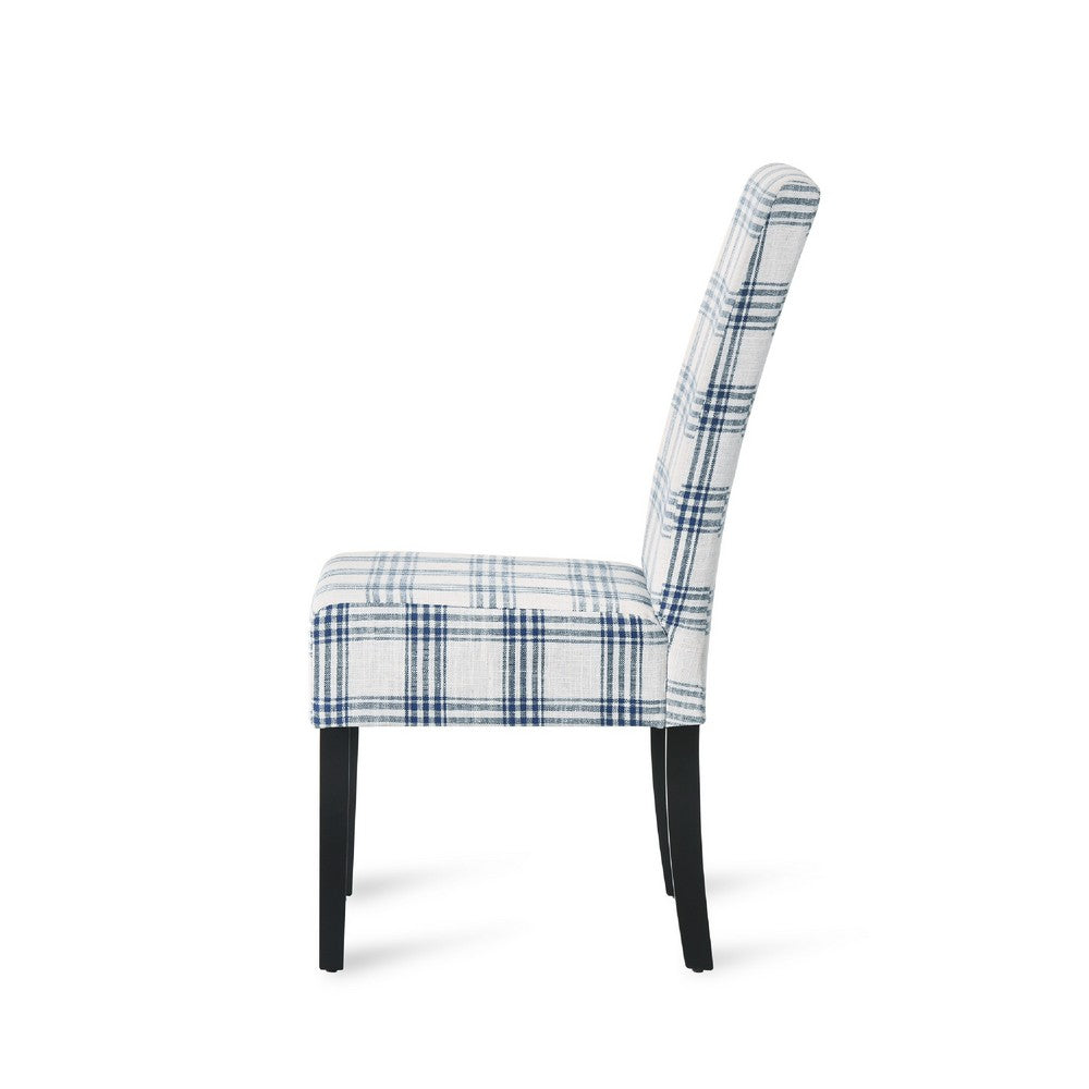 Cini Dining Side Chair Set of 2, Blue Cream Fabric, Black Wood Legs