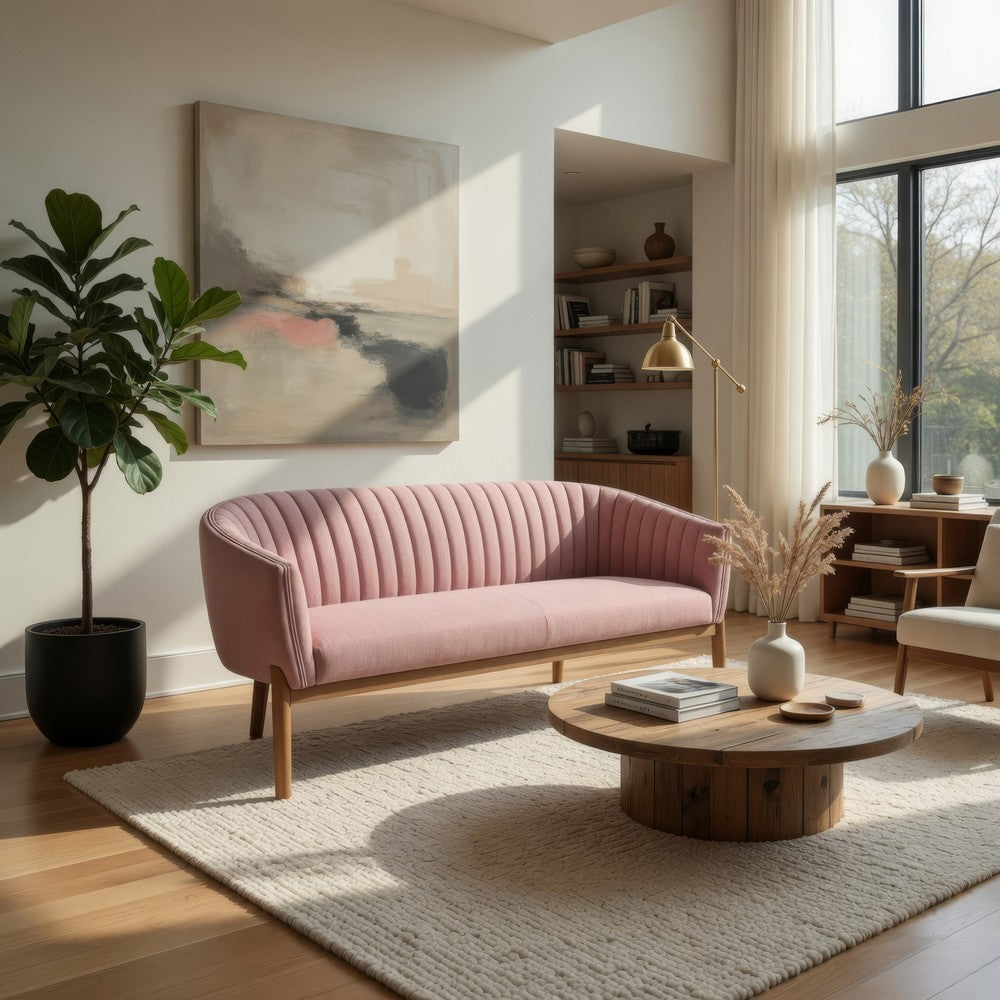 Fery Loveseat, Blush Pink Fabric Channel Stitched Back, Brown 55 Inch