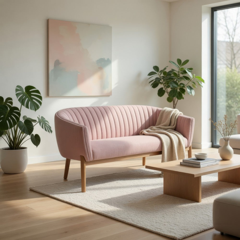 Fery Loveseat, Blush Pink Fabric Channel Stitched Back, Brown 55 Inch