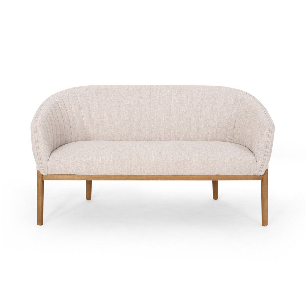Fery Loveseat, Beige Fabric Channel Stitched Back, Brown Wood 55 Inch