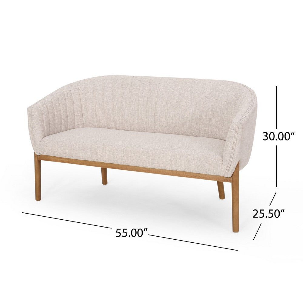 Fery Loveseat, Beige Fabric Channel Stitched Back, Brown Wood 55 Inch