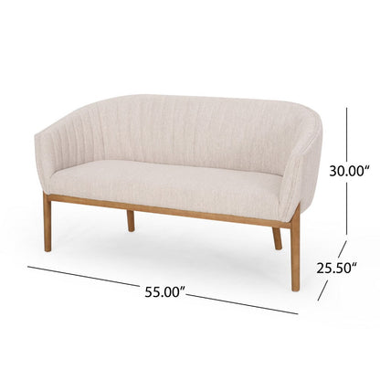 Fery Loveseat, Beige Fabric Channel Stitched Back, Brown Wood 55 Inch
