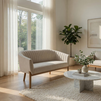 Fery Loveseat, Beige Fabric Channel Stitched Back, Brown Wood 55 Inch