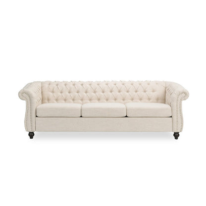 Nisy 3 Seater Sofa, Chesterfield Beige Fabric Tufted Back, 85 Inch