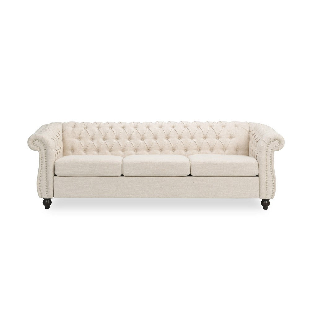 Nisy 3 Seater Sofa, Chesterfield Beige Fabric Tufted Back, 85 Inch