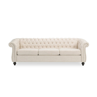 Nisy 3 Seater Sofa, Chesterfield Beige Fabric Tufted Back, 85 Inch