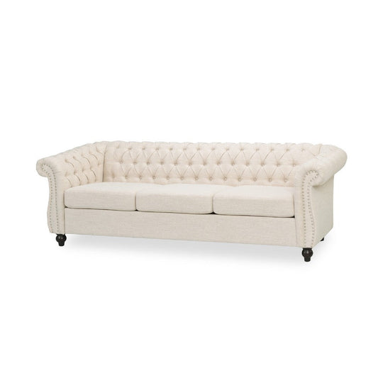 Nisy 3 Seater Sofa, Chesterfield Beige Fabric Tufted Back, 85 Inch