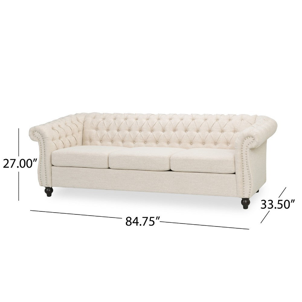 Nisy 3 Seater Sofa, Chesterfield Beige Fabric Tufted Back, 85 Inch