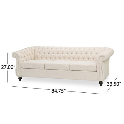 Nisy 3 Seater Sofa, Chesterfield Beige Fabric Tufted Back, 85 Inch