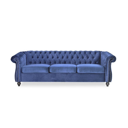 Nisy 3 Seater Sofa, Chesterfield Dark Blue Velvet Tufted Back, 85 Inch