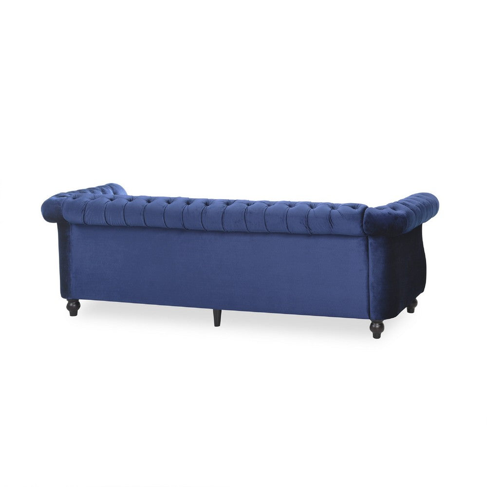 Nisy 3 Seater Sofa, Chesterfield Dark Blue Velvet Tufted Back, 85 Inch