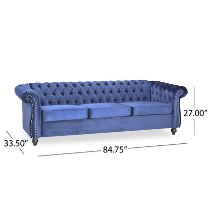 Nisy 3 Seater Sofa, Chesterfield Dark Blue Velvet Tufted Back, 85 Inch