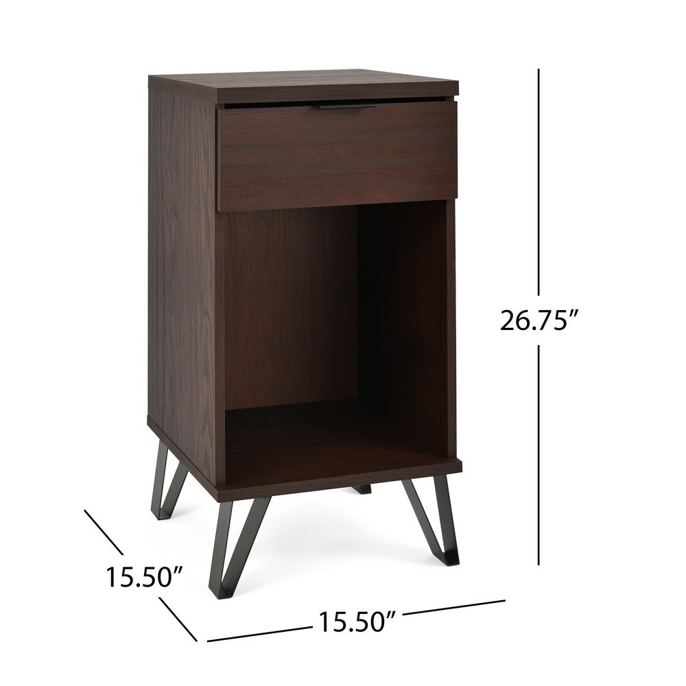 Livy Nightstand, 1 Drawer, Black Iron Legs, Walnut Brown, 27 Inch