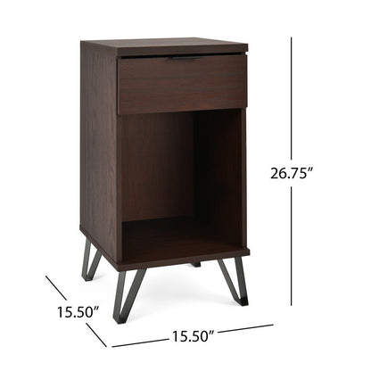 Livy Nightstand, 1 Drawer, Black Iron Legs, Walnut Brown, 27 Inch