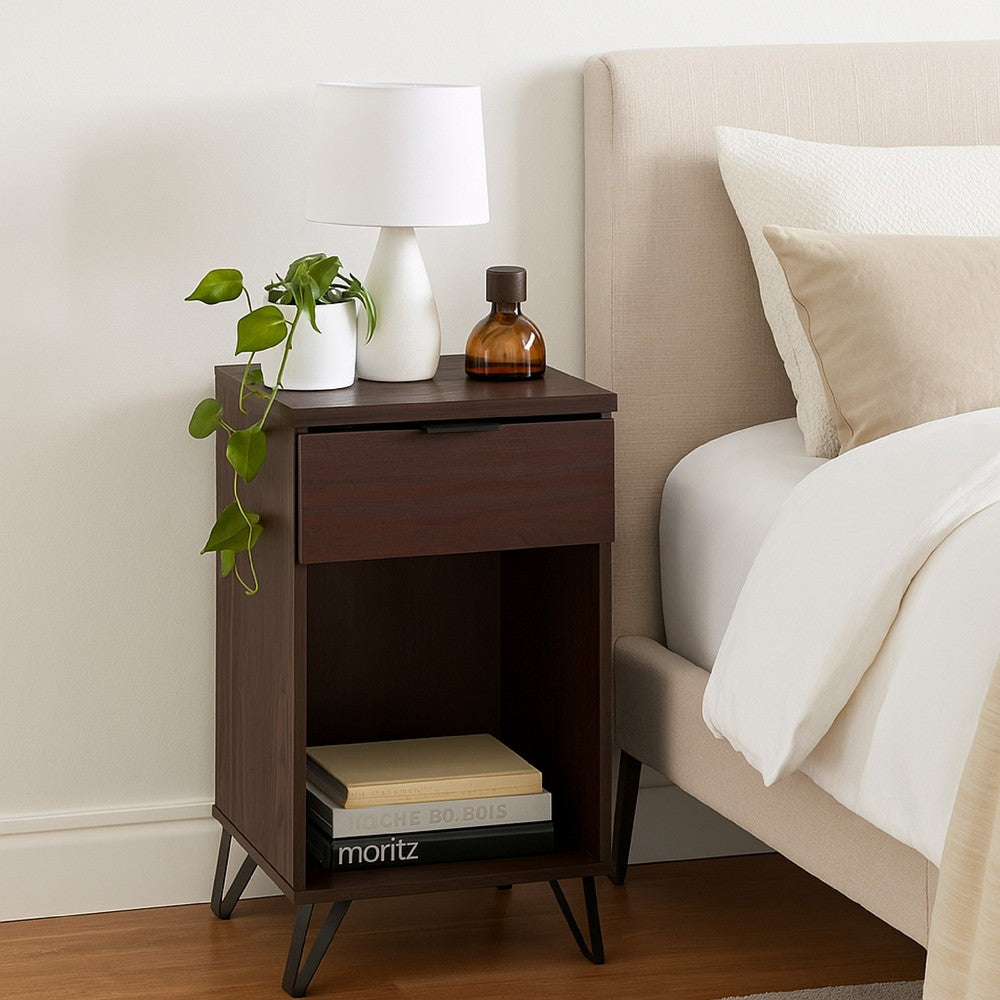 Livy Nightstand, 1 Drawer, Black Iron Legs, Walnut Brown, 27 Inch