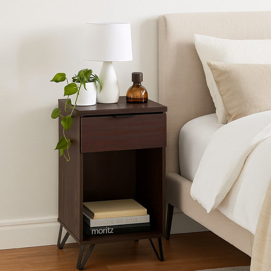 Livy Nightstand, 1 Drawer, Black Iron Legs, Walnut Brown, 27 Inch