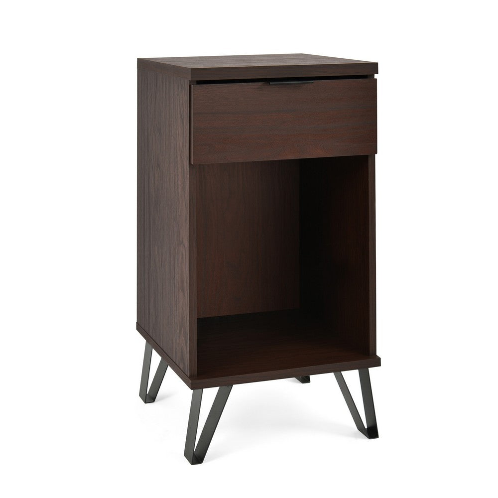 Livy Nightstand, 1 Drawer, Black Iron Legs, Walnut Brown, 27 Inch
