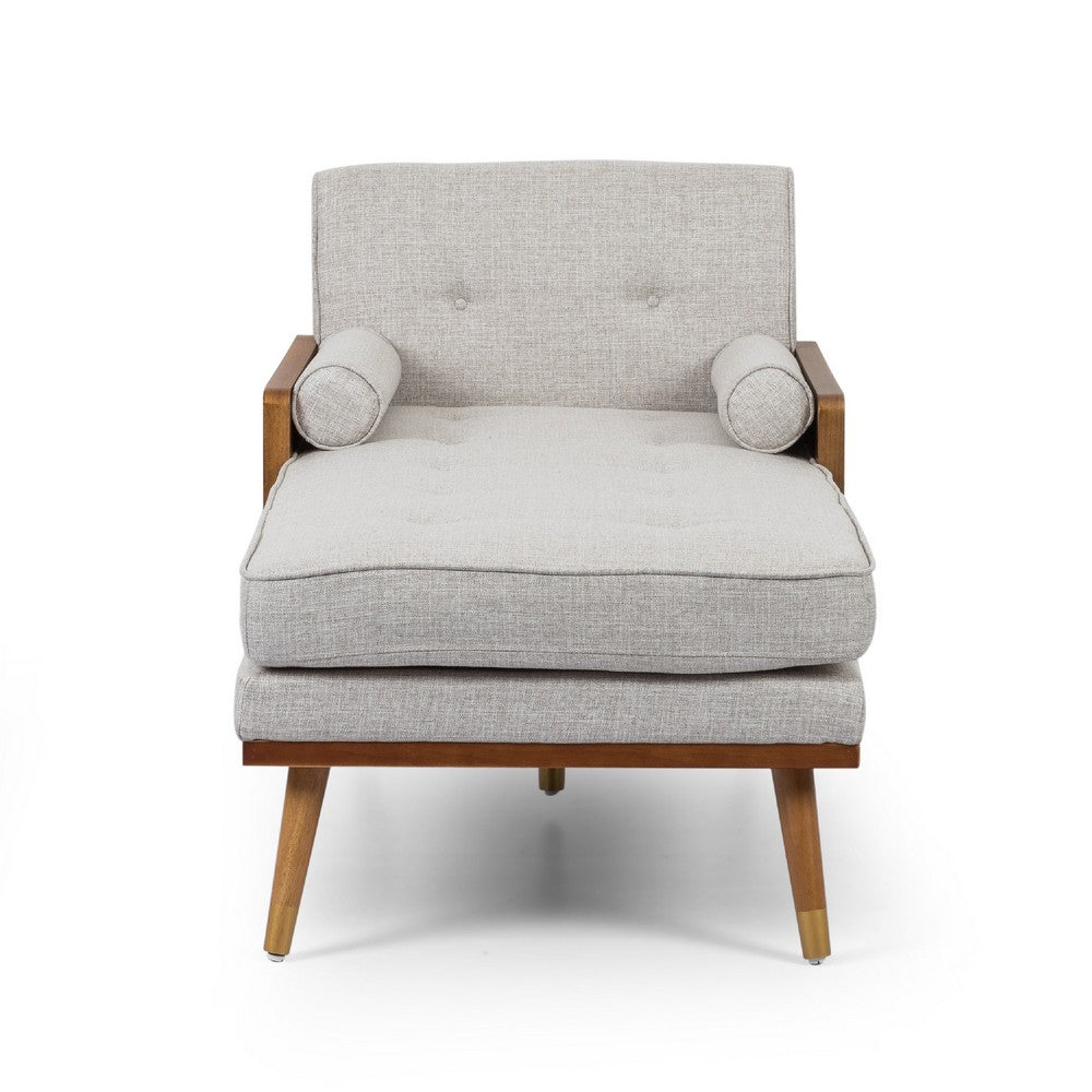 Chaise Lounger with 2 Rolled Pillows, Beige Fabric, Brown Wood 64 Inch