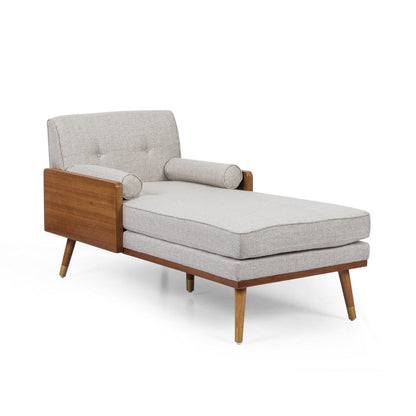 Chaise Lounger with 2 Rolled Pillows, Beige Fabric, Brown Wood 64 Inch