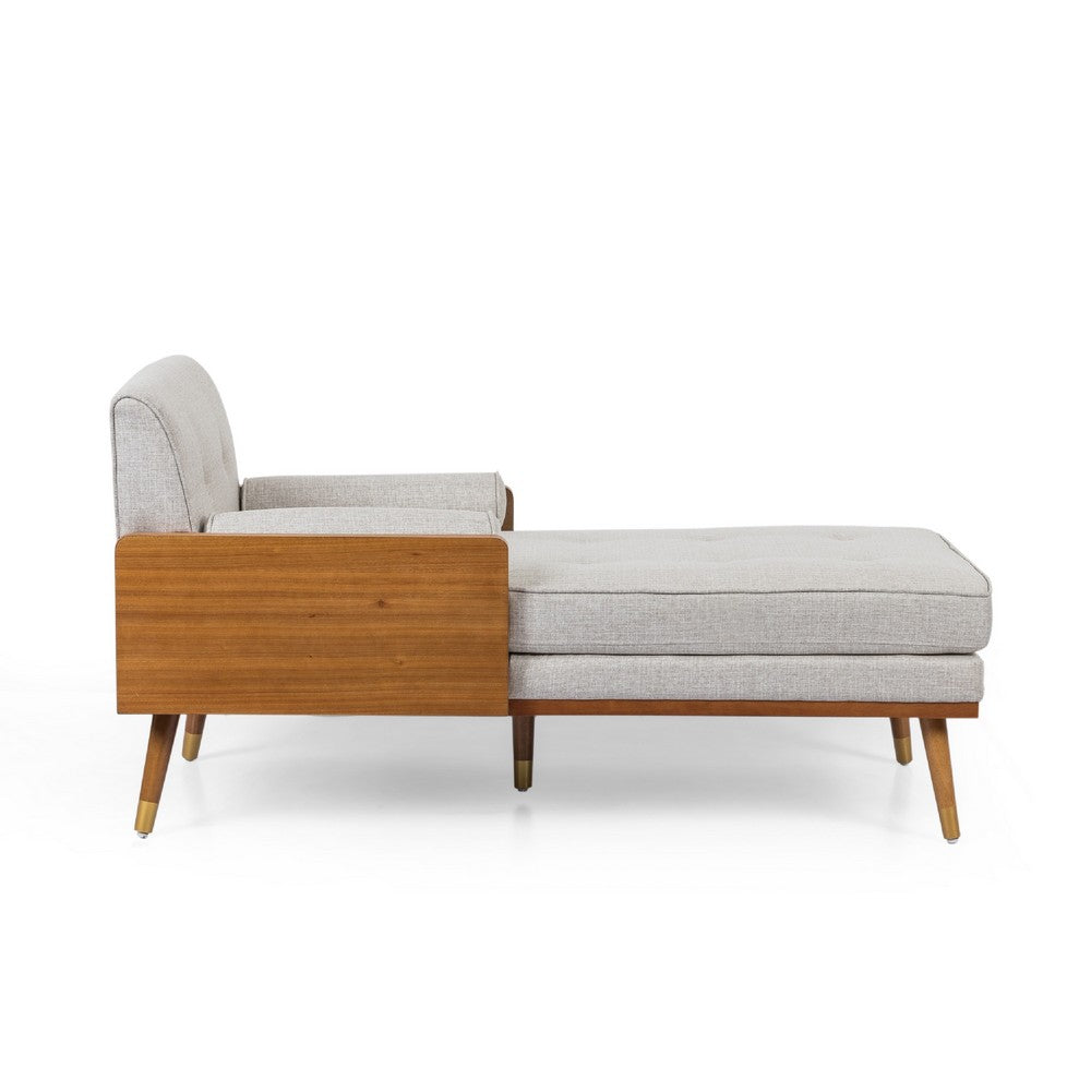 Chaise Lounger with 2 Rolled Pillows, Beige Fabric, Brown Wood 64 Inch