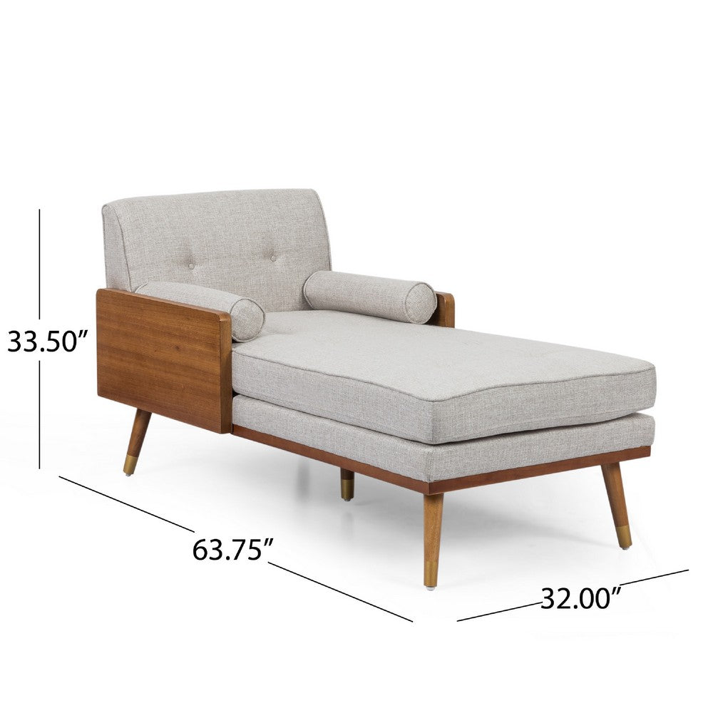 Chaise Lounger with 2 Rolled Pillows, Beige Fabric, Brown Wood 64 Inch