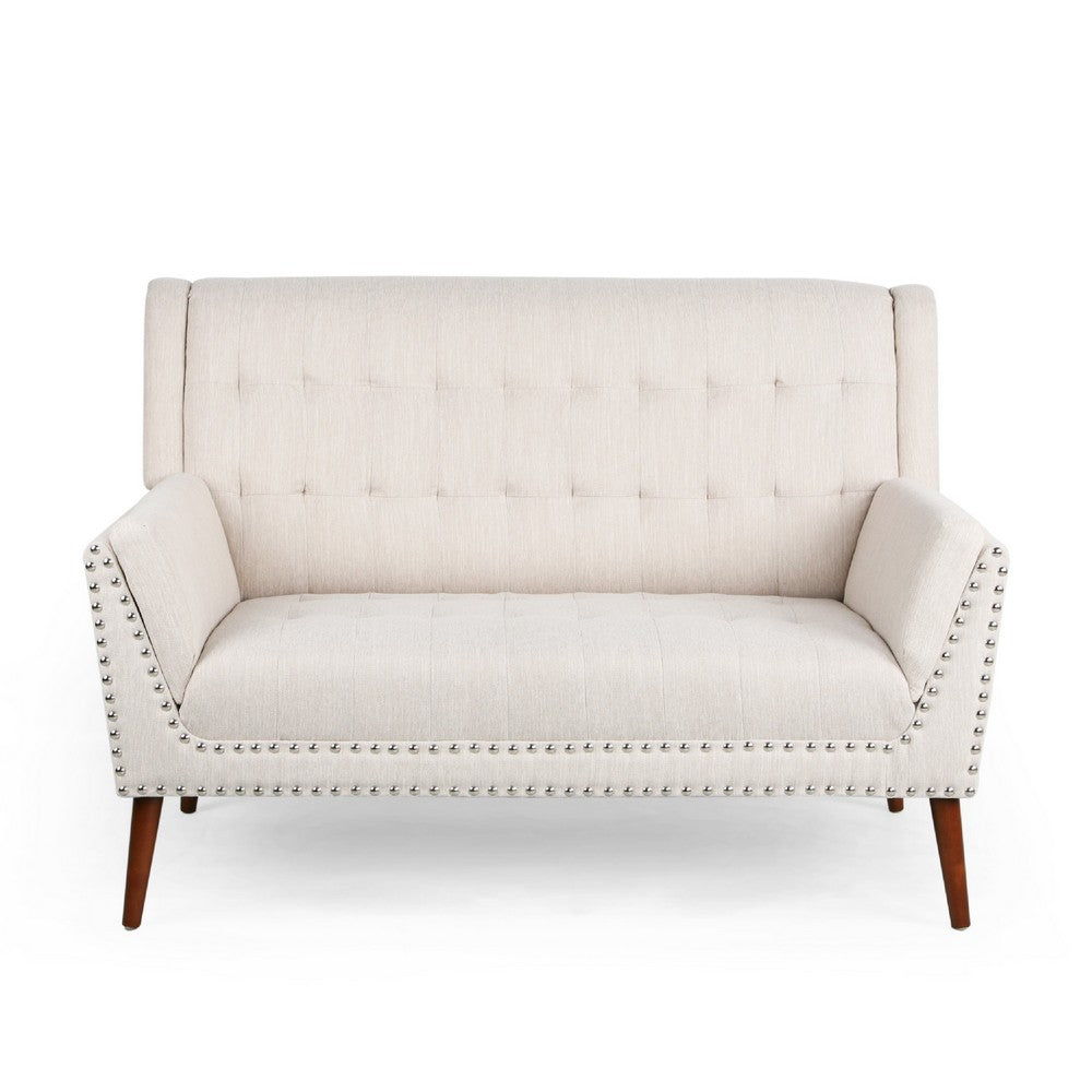 Loveseat, Beige Button Tufted Fabric, Retro Brown Solid Wood, 57 Inch