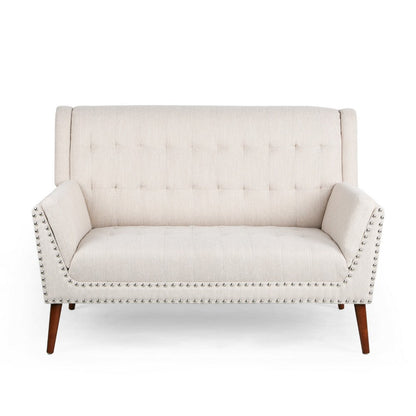 Loveseat, Beige Button Tufted Fabric, Retro Brown Solid Wood, 57 Inch