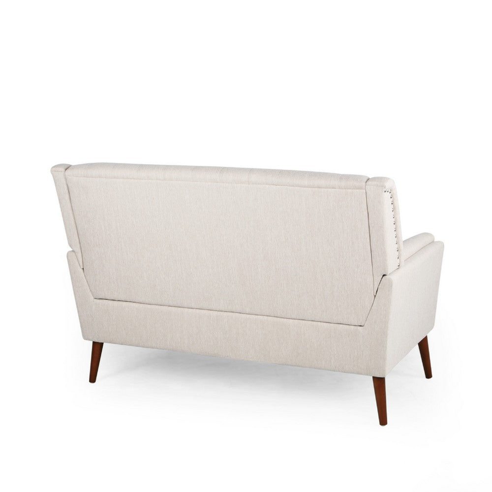 Loveseat, Beige Button Tufted Fabric, Retro Brown Solid Wood, 57 Inch