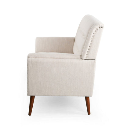 Loveseat, Beige Button Tufted Fabric, Retro Brown Solid Wood, 57 Inch