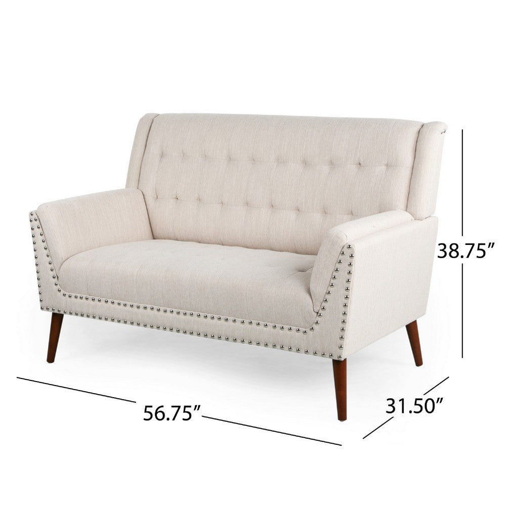Loveseat, Beige Button Tufted Fabric, Retro Brown Solid Wood, 57 Inch