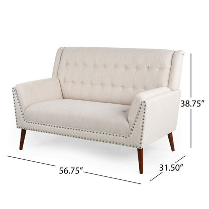 Loveseat, Beige Button Tufted Fabric, Retro Brown Solid Wood, 57 Inch