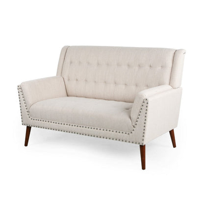 Loveseat, Beige Button Tufted Fabric, Retro Brown Solid Wood, 57 Inch