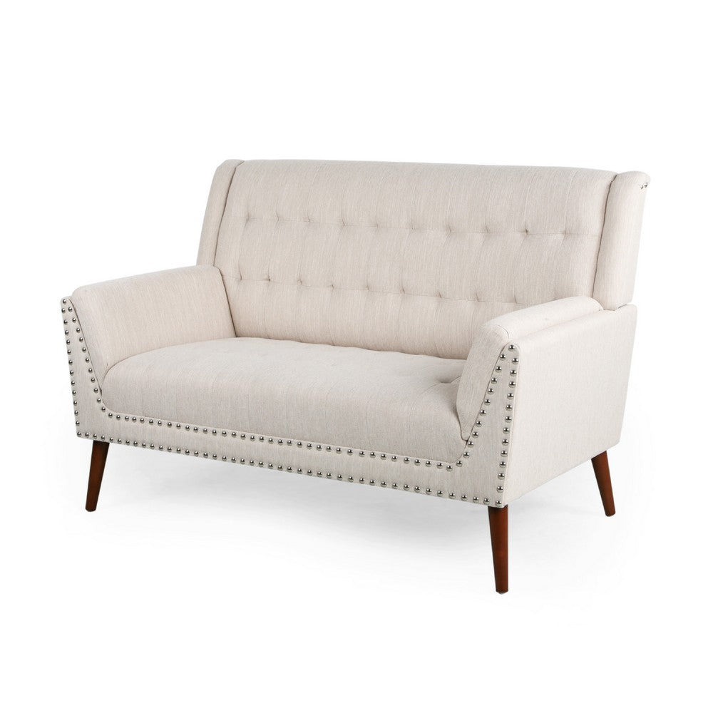 Loveseat, Beige Button Tufted Fabric, Retro Brown Solid Wood, 57 Inch