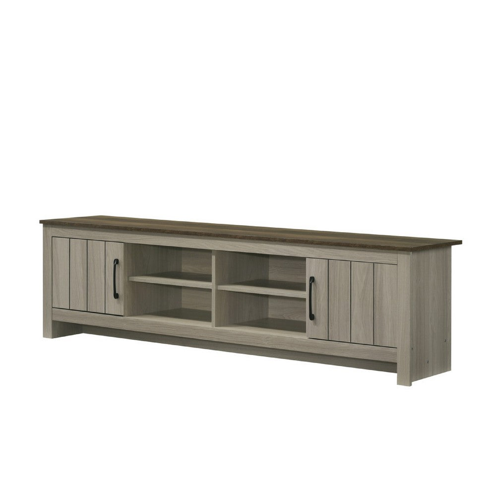 Nena TV Stand Cabinet, 2 Cabinet Doors, Brown Wood Top, Oak Gray